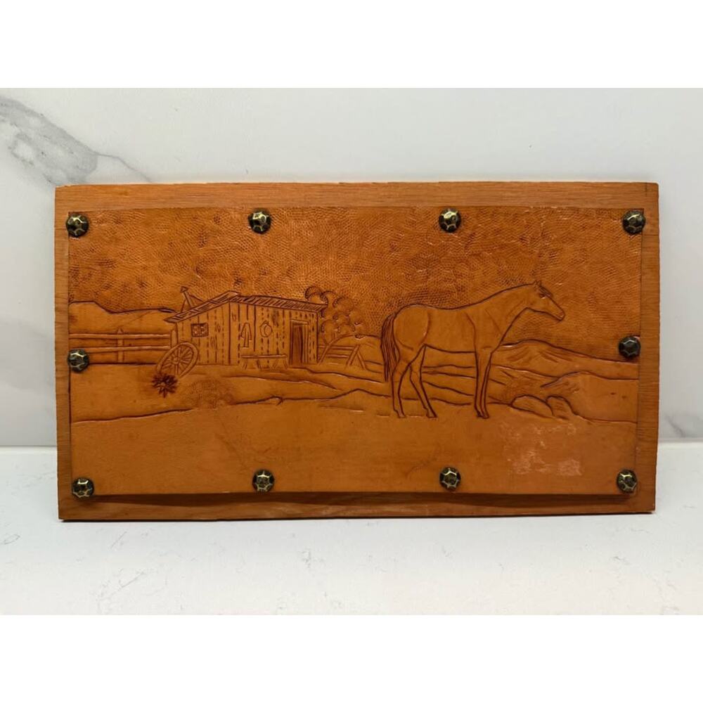 Vintage Hand Tooled Western Horse Barn Leather Wood Panel Art